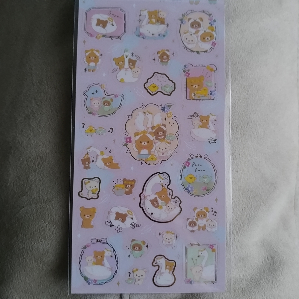 San-X Rilakkuma Swan & Golden Flower clear stickers with gold foil - Pink